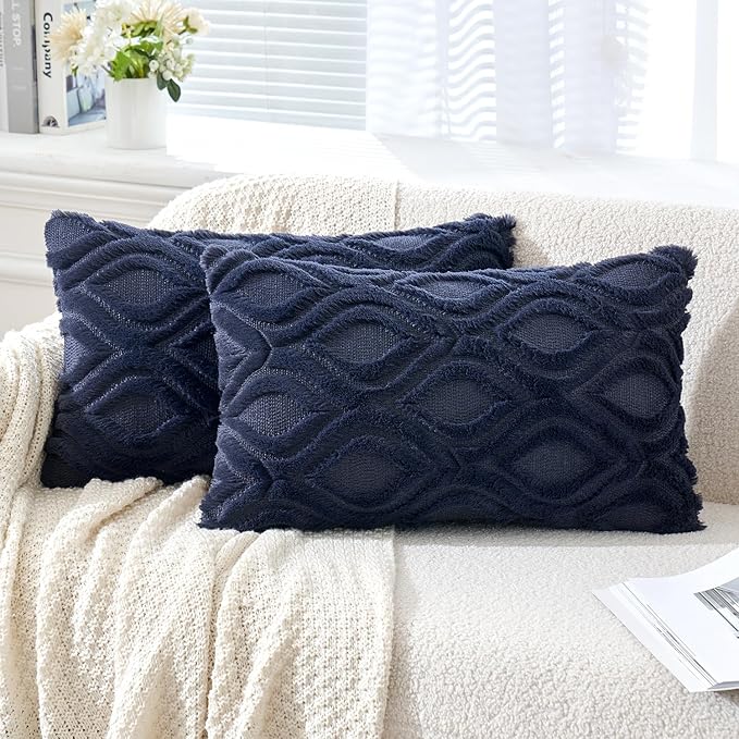 MIULEE Navy Blue Throw Pillow Covers 12x20 Inch, Soft Winter Plush Faux Wool by MIULEE
