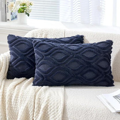 MIULEE Navy Blue Throw Pillow Covers 12x20 Inch, Soft Winter Plush Faux Wool by MIULEE
