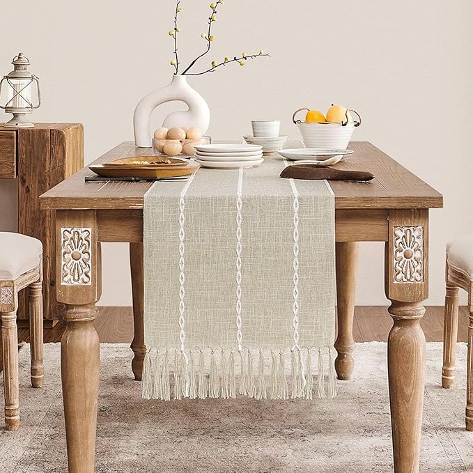ZeeMart Farmhouse Braided Striped Table Runner, Rustic Beige Table Runners 108 by ZEEMARTONLINE