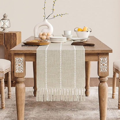 ZeeMart Farmhouse Braided Striped Table Runner, Rustic Beige Table Runners 108 by ZEEMARTONLINE