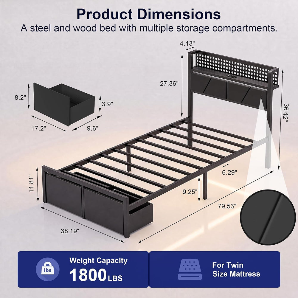 Twin Bed Frames with 2 Drawers, Platform Bed with LED Lights & Charging S...