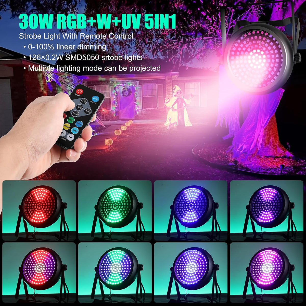 Strobe Lights for Halloween,2Pack 30W 126LEDs RGB+W+UV DJ Strobe Lights with Wireless Remote Control DMX512 Sound Activated DJ Stage Par Can Uplights for Wedding Party Club Christmas Lighting
