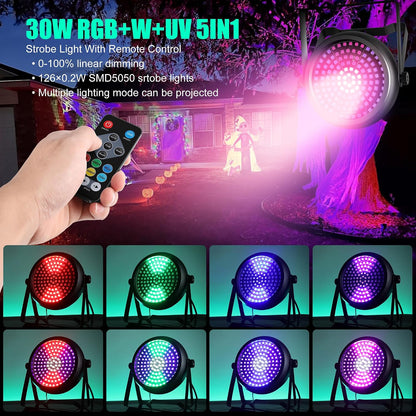 Strobe Lights for Halloween,2Pack 30W 126LEDs RGB+W+UV DJ Strobe Lights with Wireless Remote Control DMX512 Sound Activated DJ Stage Par Can Uplights for Wedding Party Club Christmas Lighting