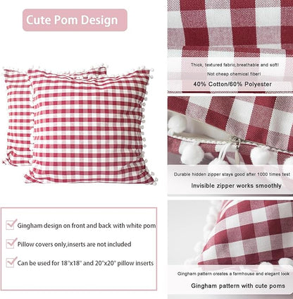 HOPLEE Red Throw Pillow Covers Farmhouse Gingham Pillow Covers - Image 3