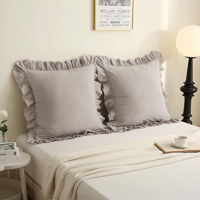 Aryeleay 2 Pack Brown White Plaid Gingham Ruffle Pillow Shams, 100% Washed - Image 6