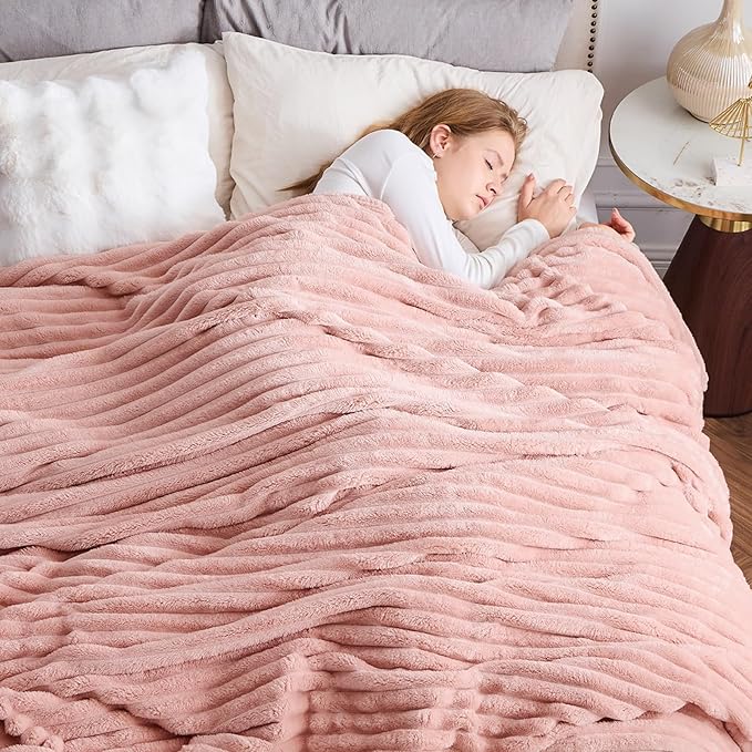 NEWCOSPLAY Super Soft King Blanket Pink Premium Silky Flannel Fleece 3D Ribbed - Image 4