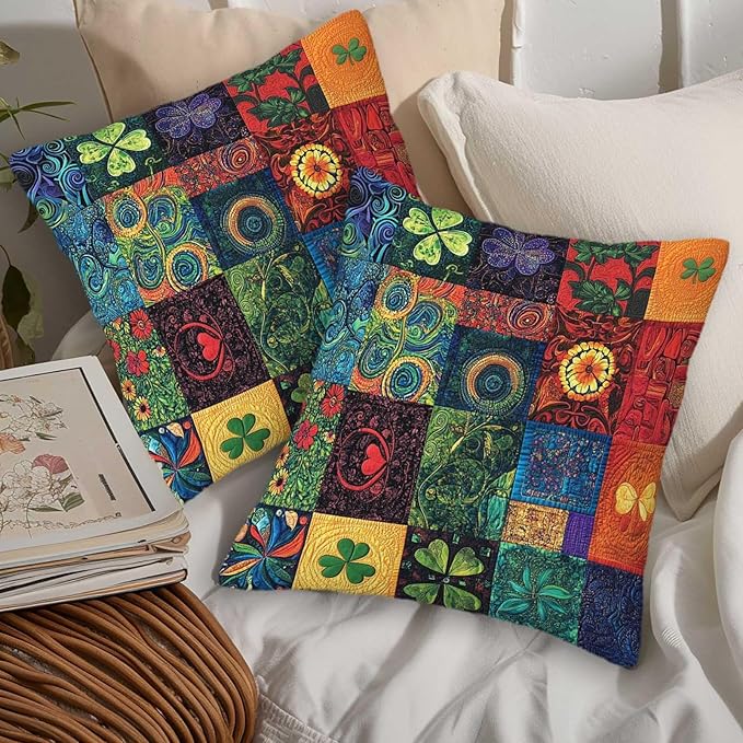 Printed Patchwork Shamrock Throw Pillow Covers 18x18 Set of 2 | St. Patrick’s - Image 5