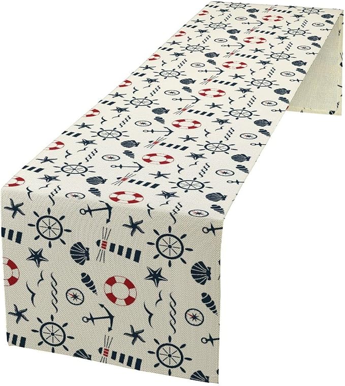 Nautical Lighthouse Table Runner, Anchors Waves and Organism Life Buoy Compass by Unknown