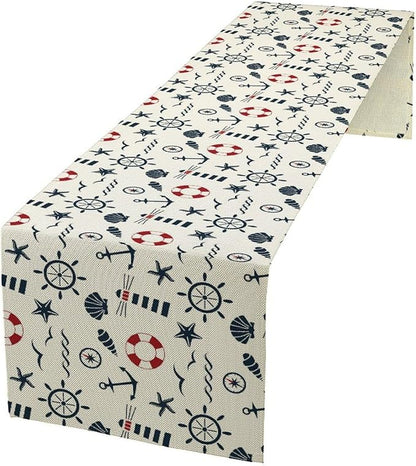 Nautical Lighthouse Table Runner, Anchors Waves and Organism Life Buoy Compass by Unknown