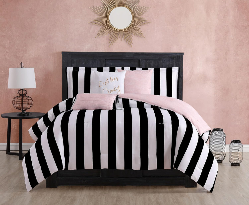 Juicy Couture Cabana Stripe Reversible Bedding Set - Queen Size - Black and W...