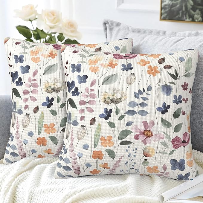 Throw Pillow Cover Case Watercolor Floral Pillow Covers 18x18 Inch Set of 2 - Image 4