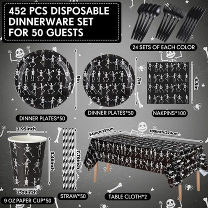 Funnymoom 452 Pcs Halloween Skeleton Party Decoration Supplies, Serves 50