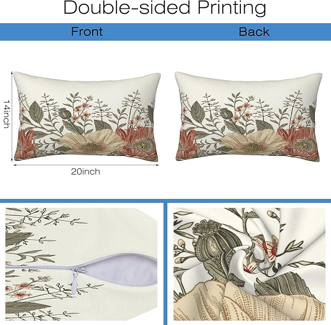 Vintage Poppy Flowers Throw Pillow Covers Set of 2 Blooming Flowers Pillow - Image 2