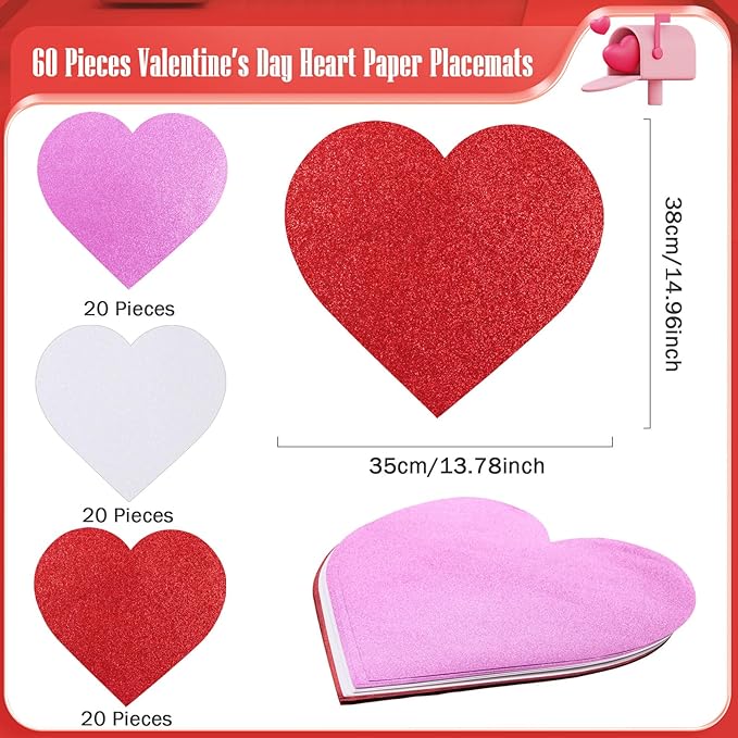 MixTeach 60 Pack Valentine's Day Glitter Heart Placemats Red Pink White Sparkle - Image 2