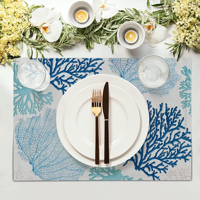 Giwawa Ocean Coral Placemats Set of 4 Summer Blue White Coral Reef Linen Table - Image 3