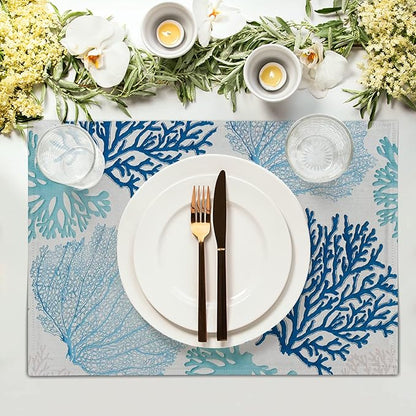Giwawa Ocean Coral Placemats Set of 4 Summer Blue White Coral Reef Linen Table - Image 3