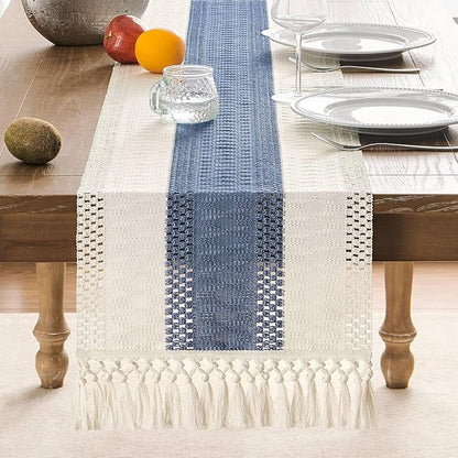 ZeeMart Macrame Style Bicolor Stitching Table Runner, 14 x 60 Inch Blue/Ivory - Image 2