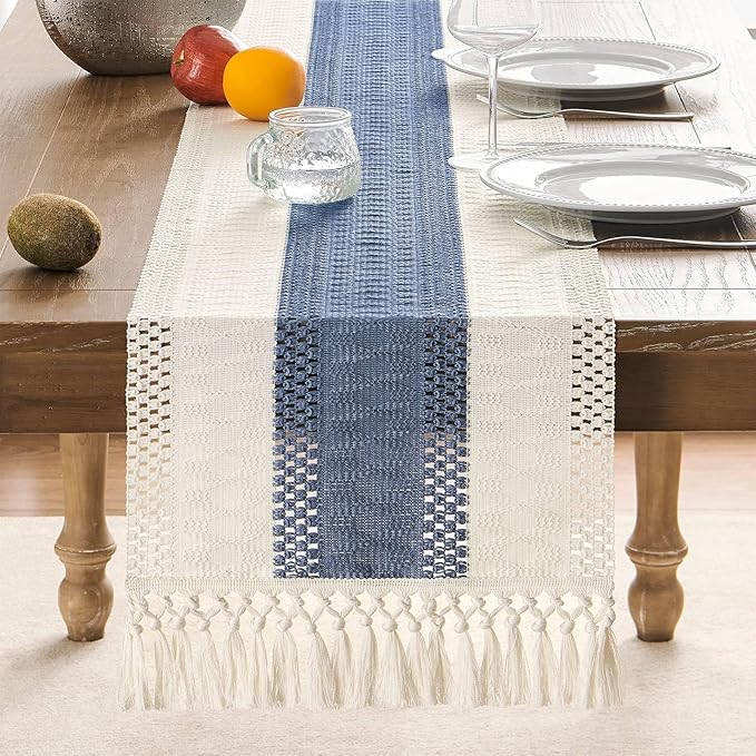 ZeeMart Macrame Style Bicolor Stitching Table Runner, 14 x 90 Inch Blue/Ivory - Image 2