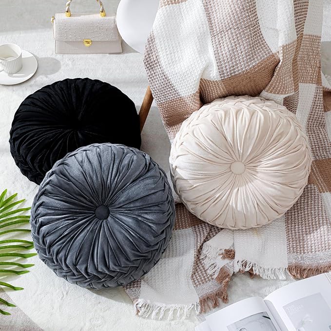 3 Pcs Round Throw Pillows Decorative Velvet Pleated Throw Pillows 15'' Diameter - Image 6