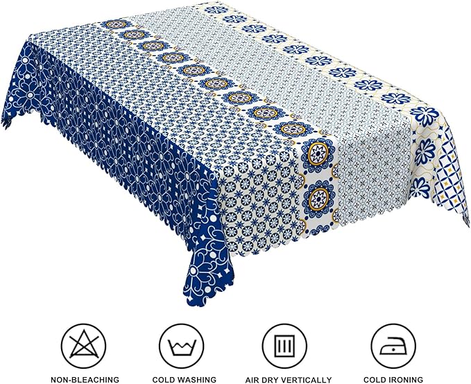 60x84inches Boho Rectangle Tablecloth Blue Floral Printed Bohemian Table Cloth - Image 6