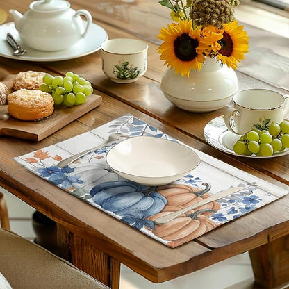 Autumn Placemats Blue Pumpkin Fall Place Mat Eucalyptus Leaves Floral Wood - Image 6