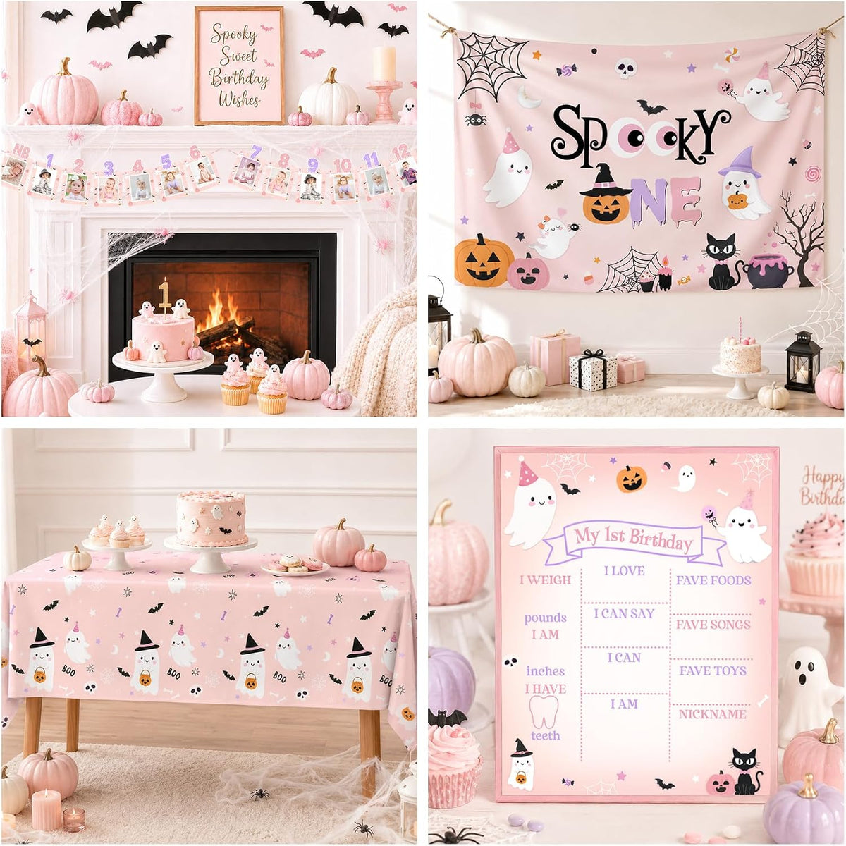 Spooky One Birthday Decorations Girl, 276 Pcs Pink Halloween 1st Birthday Party Decorations with Spooky One Plates,Napkins,Banner,Backdrop,Tablecloth and Balloon Arch for Ghost First Birthday
