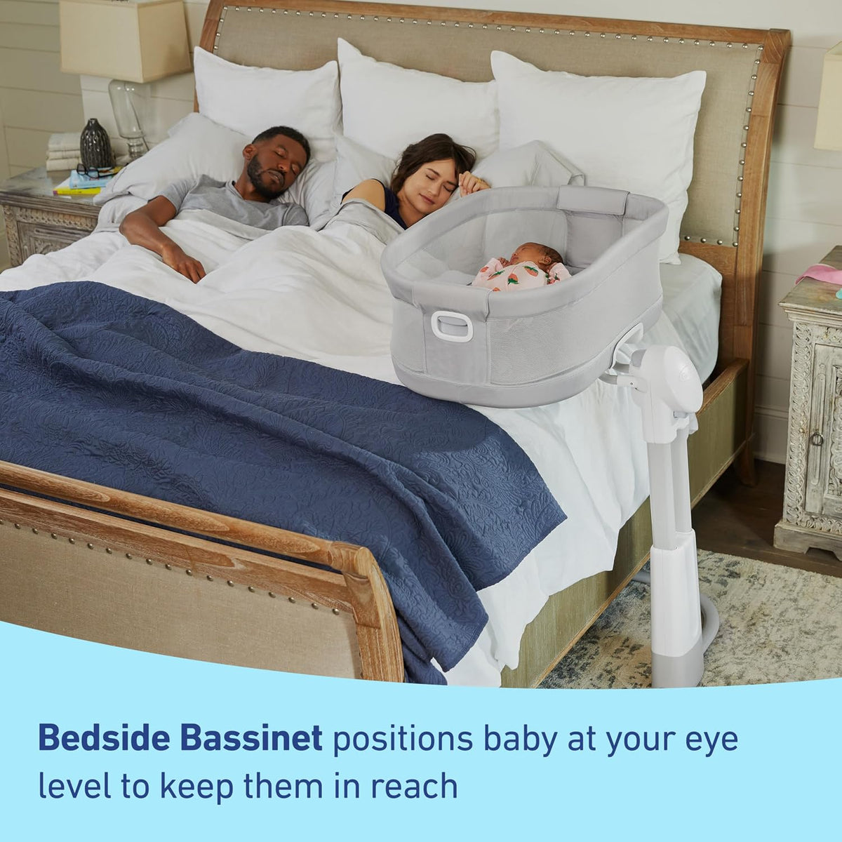 graco dreammore deluxe bedside bassinet, skyler shown in use