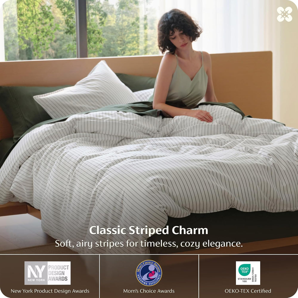 Bedsure PureWoven Striped Duvet Cover Set Linen‑Like, King Size, 3-PC