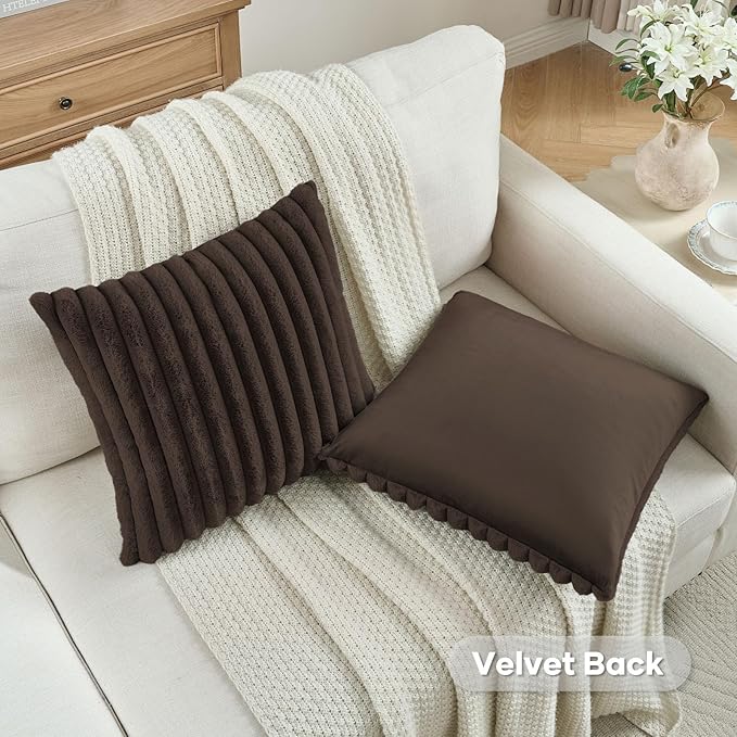 FUTEI Dark Coffee Throw Pillow Covers Set of 2, 18x18 Inch Striped Texture - Image 4