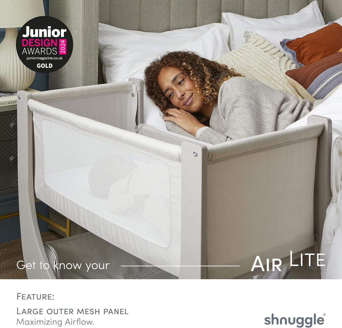 shnuggle bedside sleeper bassinet (air lite) - adjustable shown in use