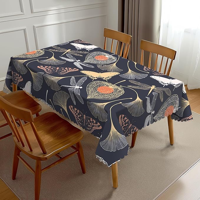Ginkgo Leaves Tablecloth Vintage Floral Biloba Dragonfly Butterflies Silhouette by Unknown