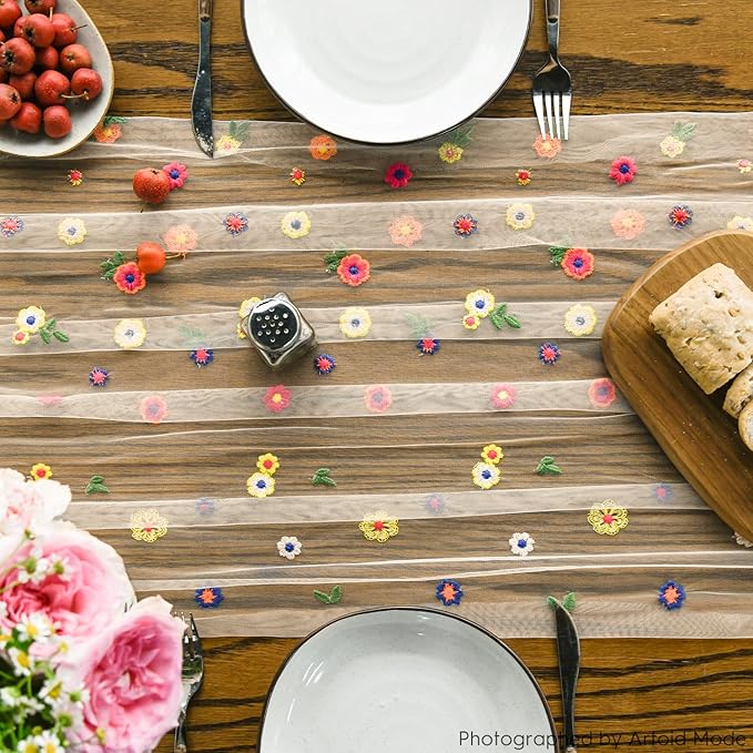 Artoid Mode 6PCS Champagne Embroidery Daisy Gauze Table Runner 120 Inch 10FT - Image 2