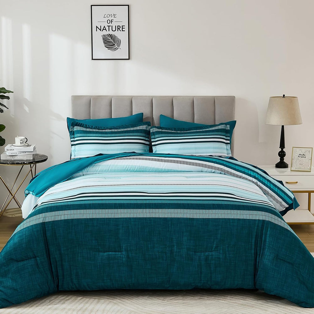 Dobuyly Teal Queen Comforter Set 7 Pieces, Blue Boho Striped Bed in a Bag Que...