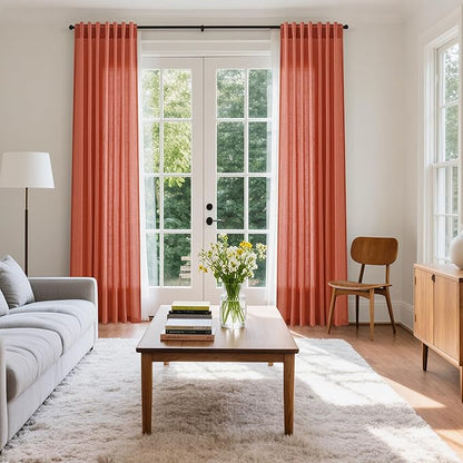 Coral Textured Linen 96 Inch Length Curtains Panels 2 Panel Set Back Tab Rod - Image 7