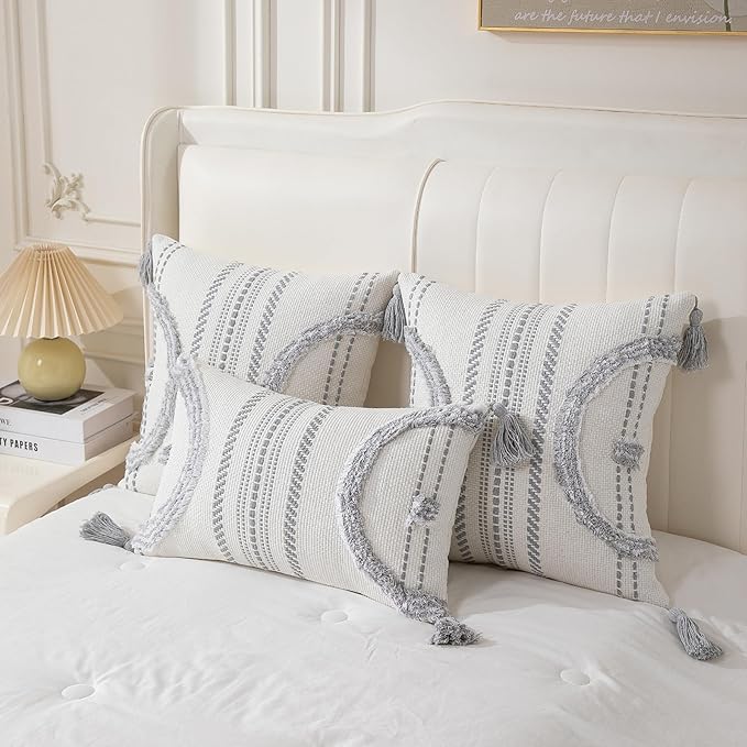 Boho Throw Pillow Covers 18x18 Set of 2 Cotton Woven Tufted Farmhouse Pillows - Image 4