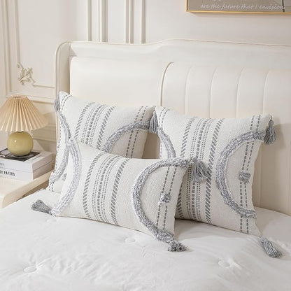 Boho Throw Pillow Covers 18x18 Set of 2 Cotton Woven Tufted Farmhouse Pillows - Image 4