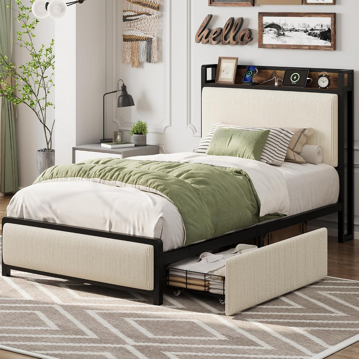gaomon twin size bed frame with 2 drawers, close-up detail