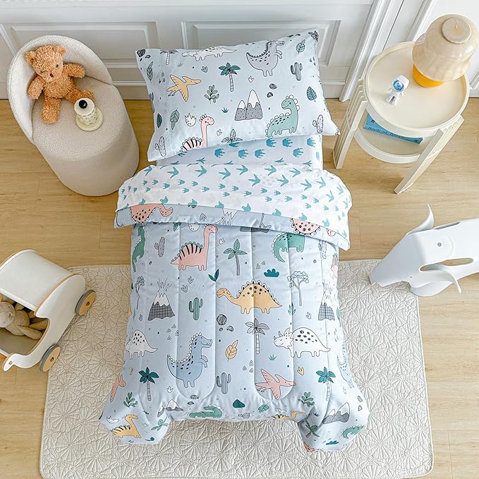 Joyreap 4 Piece Toddler Bedding Set, Cute Dinosaur on Light Blue, Ultra Soft - Image 4