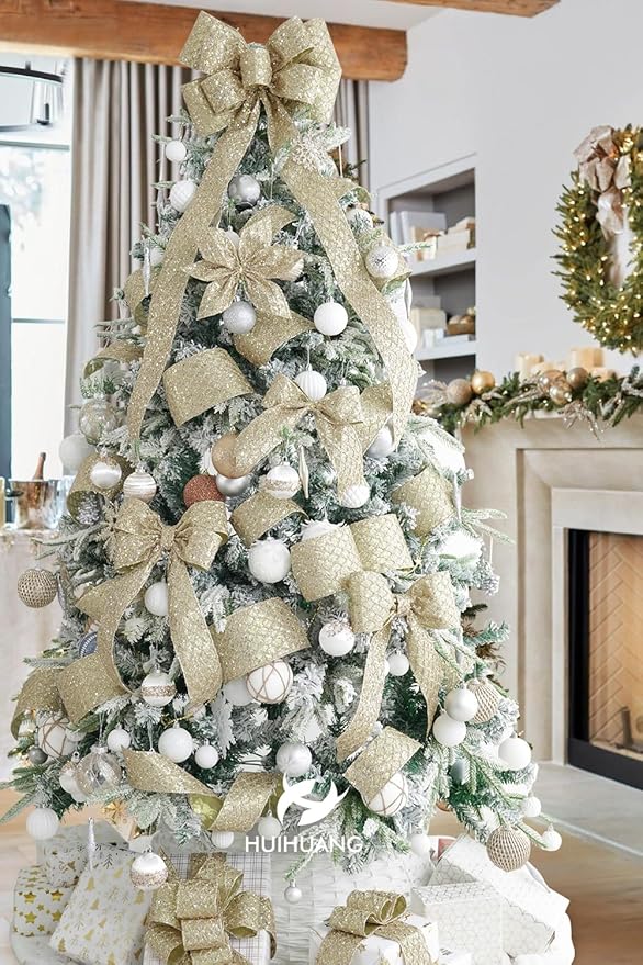HUIHUANG Champagne Gold Christmas Ribbon 4 inch Glitter Wired Ribbon Diamond - Image 6