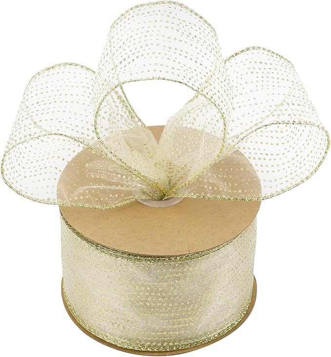 MEEDEE Glitter Gold Wired Ribbon 2.5 Inch Horizontal Stripes Glitter Polka Dot - Image 7