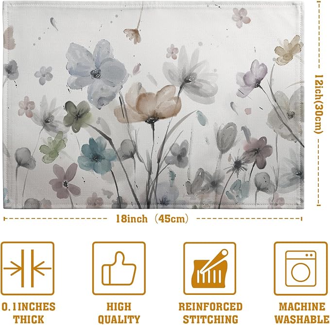 Flower Placemats Set of 4 Brown Cream Grey Poppy Flowers Table Mats Watercolor - Image 4