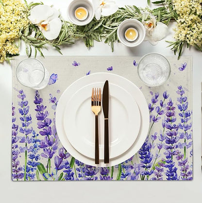 Lavender Placemats Set of 4 Purple Flower Butterfly Linen Fabric Table Mats - Image 3