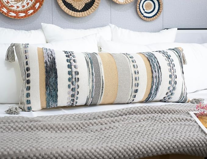 PANOD Boho Long Lumbar Throw Pillow Cover 14 x 36 Light Grey, Chenille Morocan by PANOD
