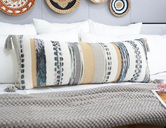 PANOD Boho Long Lumbar Throw Pillow Cover 14 x 36 Light Grey, Chenille Morocan by PANOD