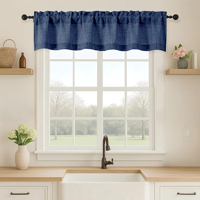 OVZME Navy Blue Valance for Windows, Light Filtering Faux Linen Textured Small by OVZME