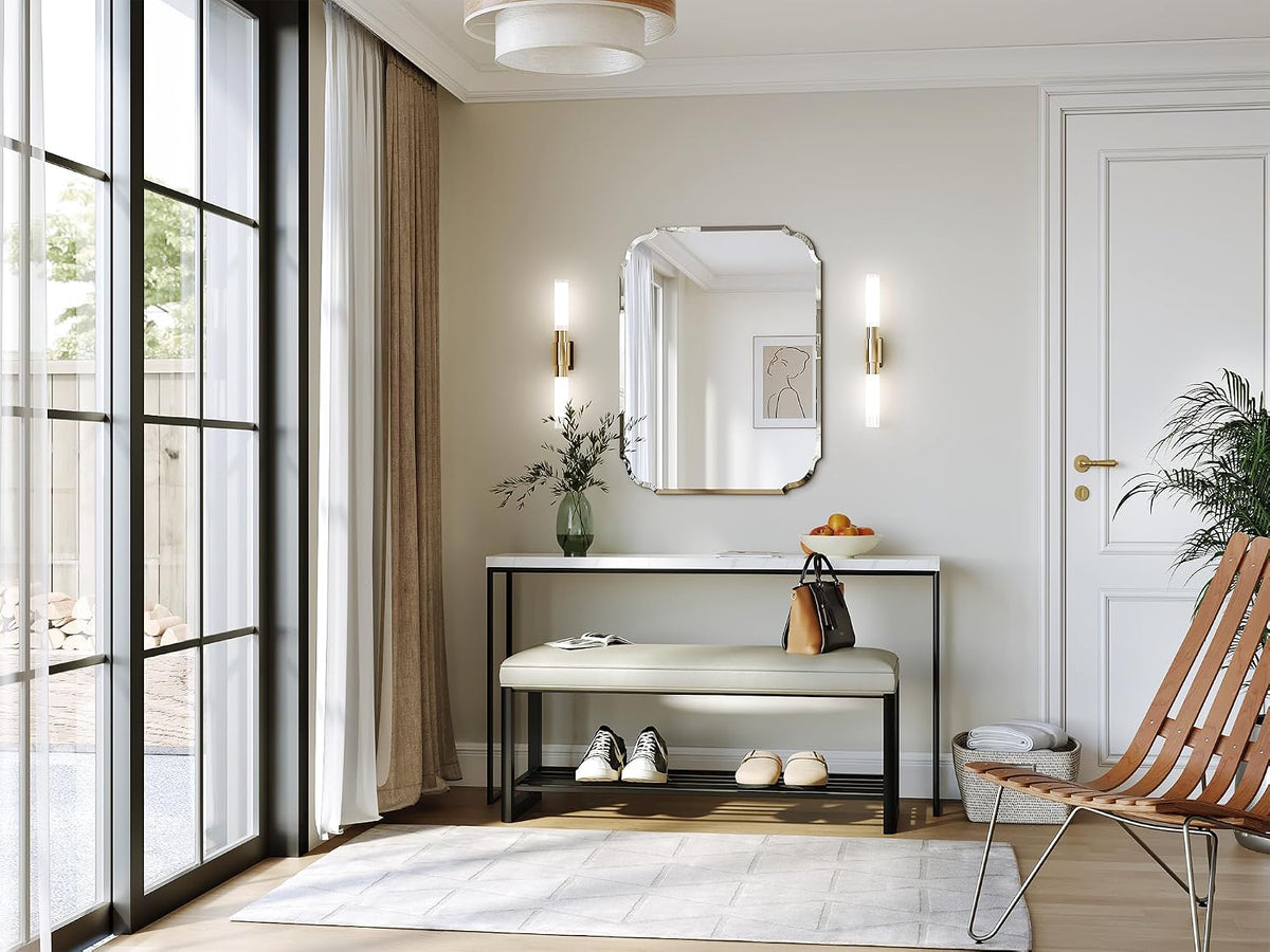 beveled frameless bathroom mirror with scalloped edges, 24", close-up detail