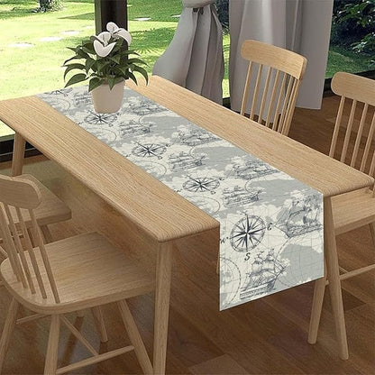 Nautical Table Runner, Retro Coastal Treasure Map Sailing Ship Compass - Image 2