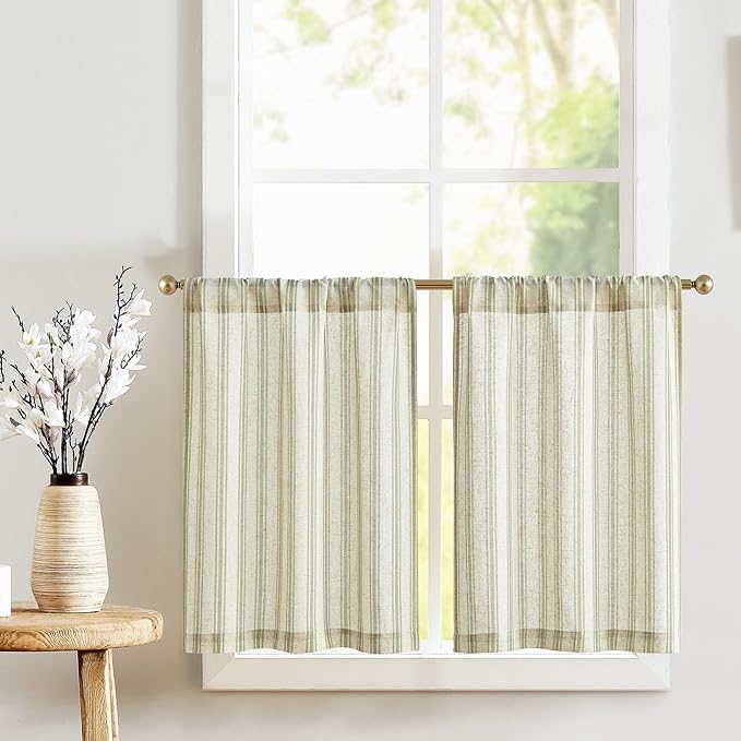 jinchan Striped Linen Kitchen Tier Curtain Farmhouse Cafe 30 Inch Small Window by JINCHAN