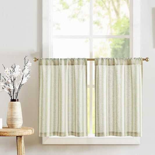 jinchan Striped Linen Kitchen Tier Curtain Farmhouse Cafe 30 Inch Small Window by JINCHAN