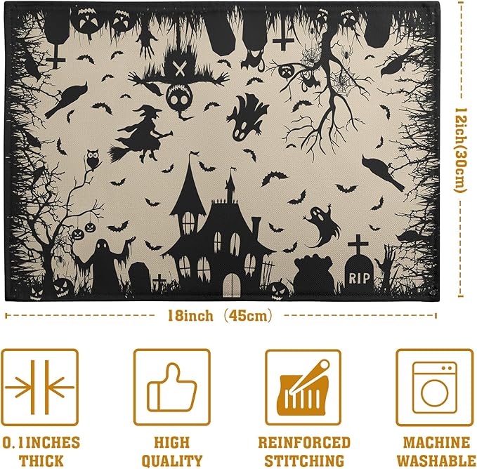 Halloween Placemats 12x18 Inch Set of 4 Black White Witch Castle Ghost Place - Image 4